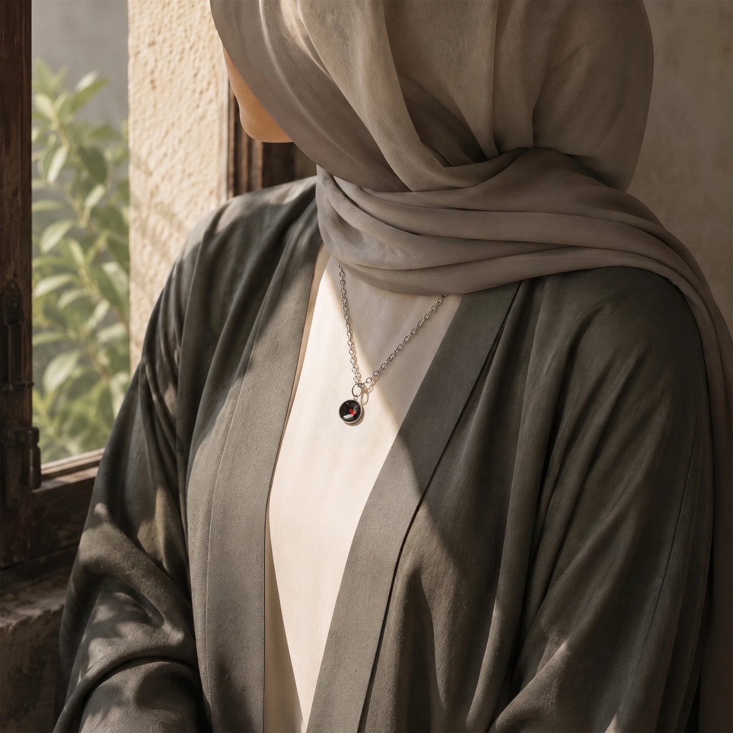 Model wearing a Dar Suad stainless steel necklace featuring one-of-a-kind artwork in black, red, and silver.